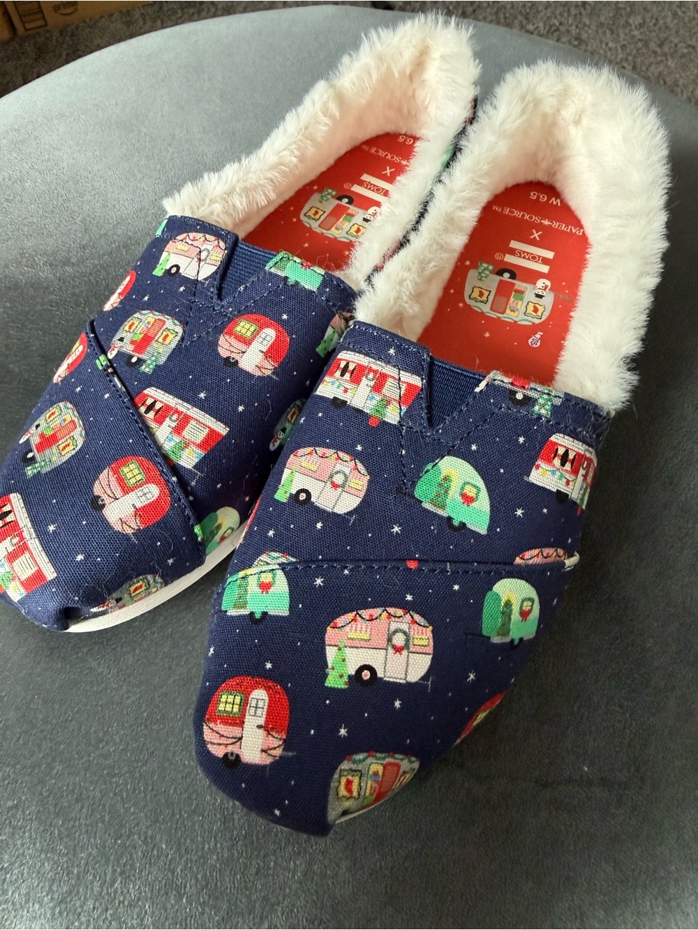 Toms Navy Camper Trailer Print Footies with Cream Faux-Fur Lining